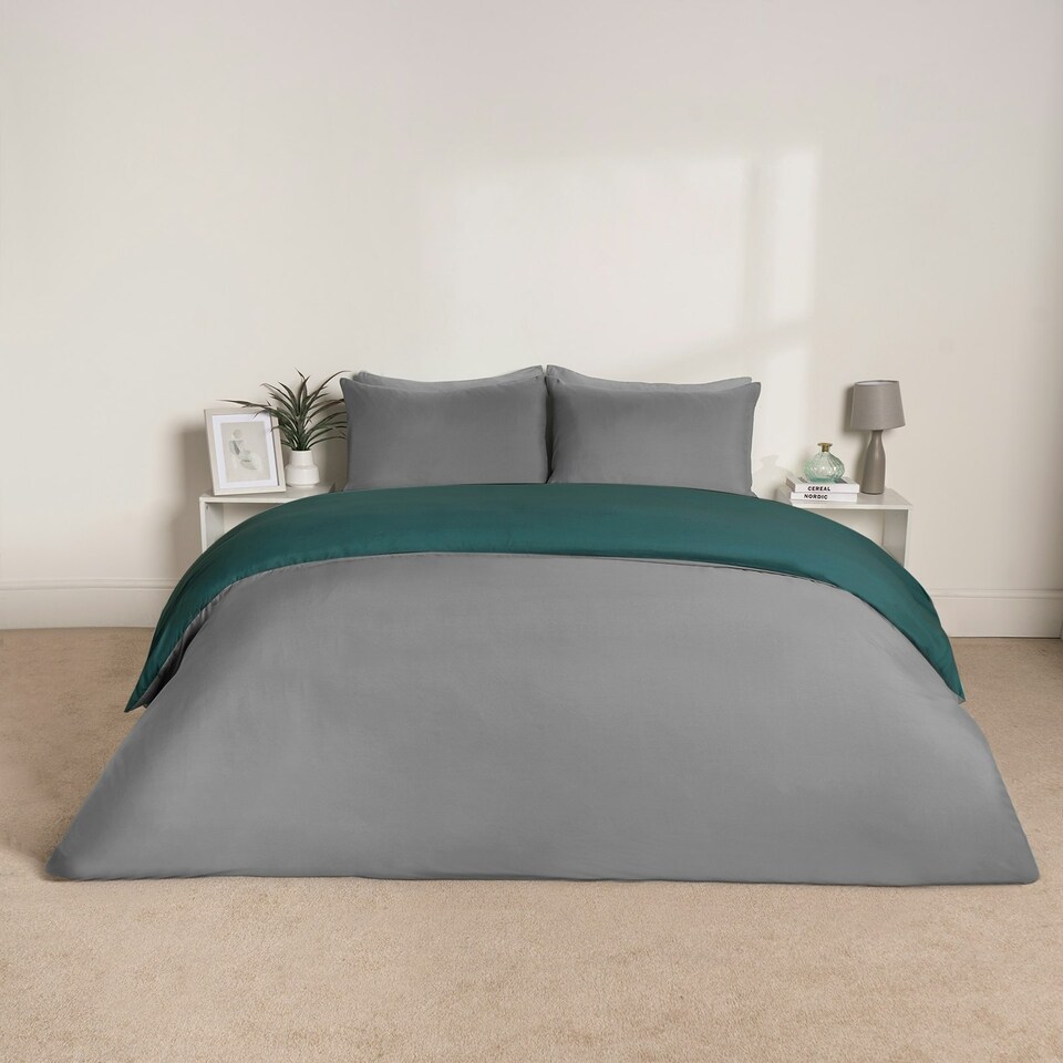 image 1 of OHS Reversible Microfibre Duvet Cover and Pillowcase Bedding Set Multi | Teal and Grey | Double
