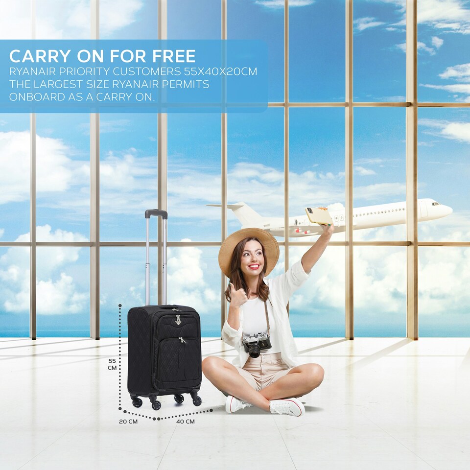 image 1 of Flight Knight Lightweight 4 Wheel 800D Soft Case Quilted Suitcase Cabin Carry On Hand Luggage Ryanair Maximum Priority Carry On Approved Black | Black | Cabin Bag
