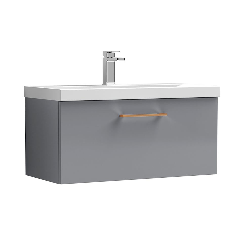 image 1 of 800mm Wall Hung 1 Drawer Vanity Basin Unit, Satin Grey, Copper Handle | Grey | Satin Grey | 399 x 810 x 390mm