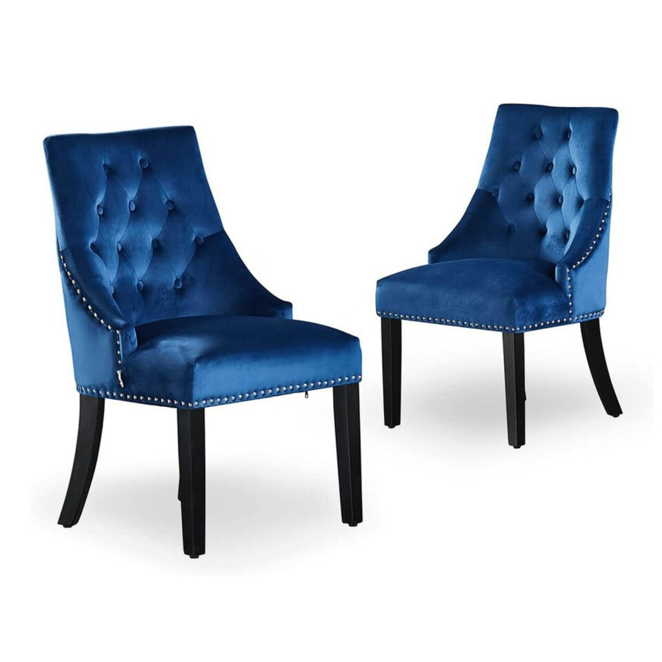image 1 of Set of 2 Velvet Dining Chairs Ergonomic Scoop Knockerback & Button Tufted Wood Legs Blue
