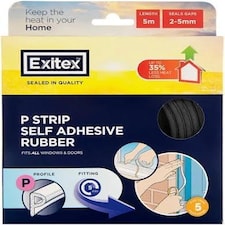 Exitex Self Adhesive P Strip Seal 5m Draught Proofing Rubber, Seals Gaps 2mm to 5mm | Black
