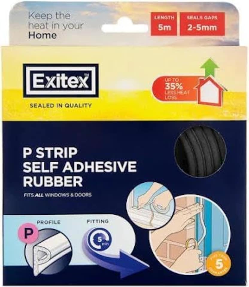 image 1 of Exitex Self Adhesive P Strip Seal 5m Draught Proofing Rubber, Seals Gaps 2mm to 5mm | Black
