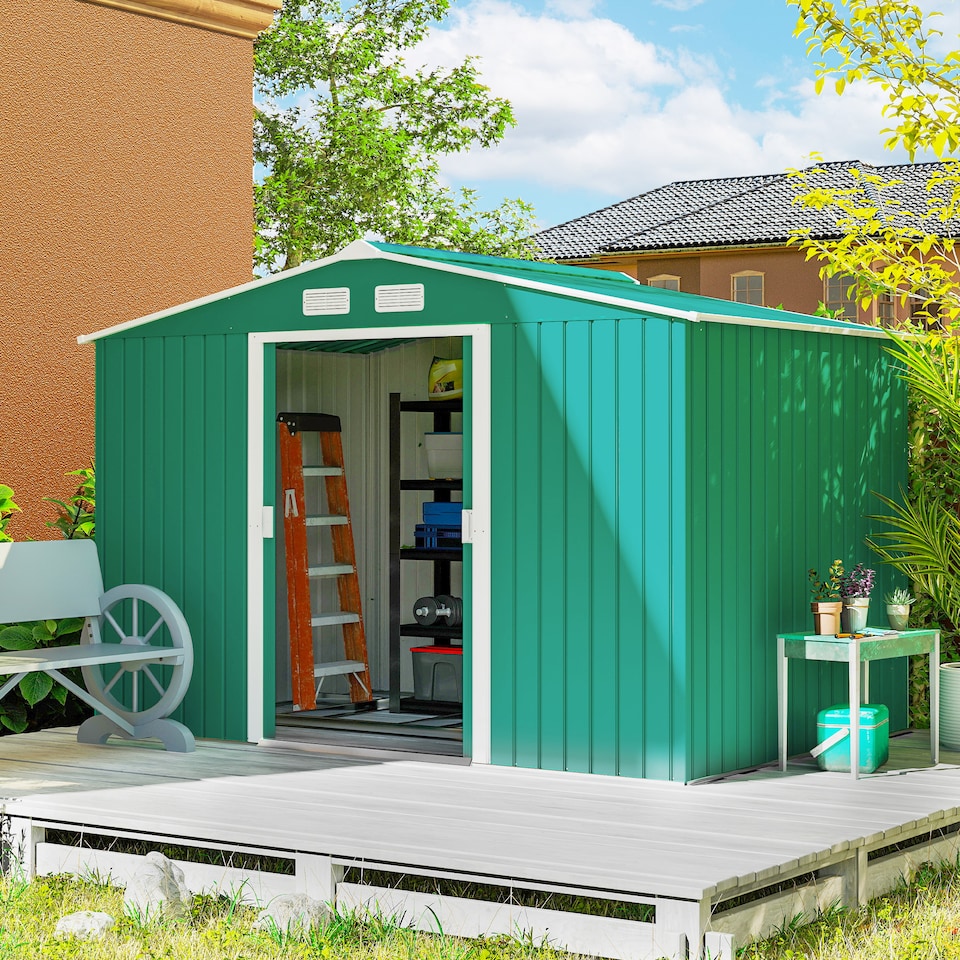 image 1 of Outsunny 9 x 6FT Galvanised Garden Storage Shed with Sliding Door, Green | Green