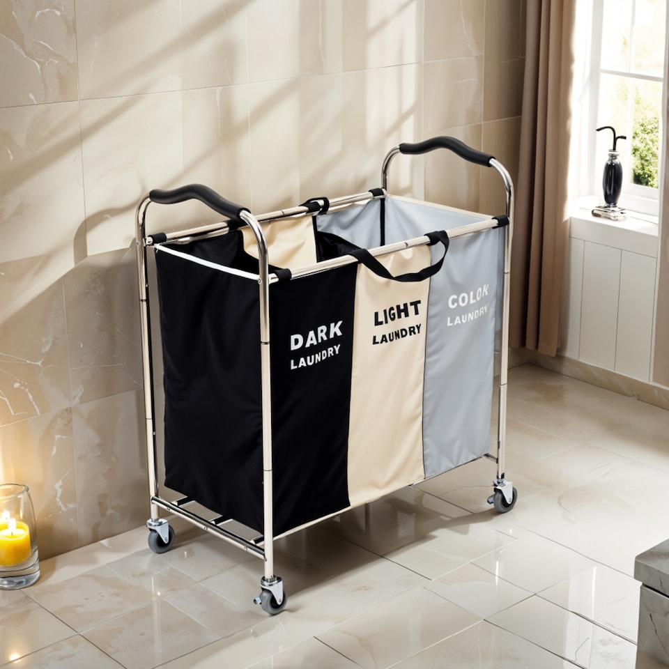 image 1 of Living and Home 3-Section Laundry Basket Cart with Metal Frame