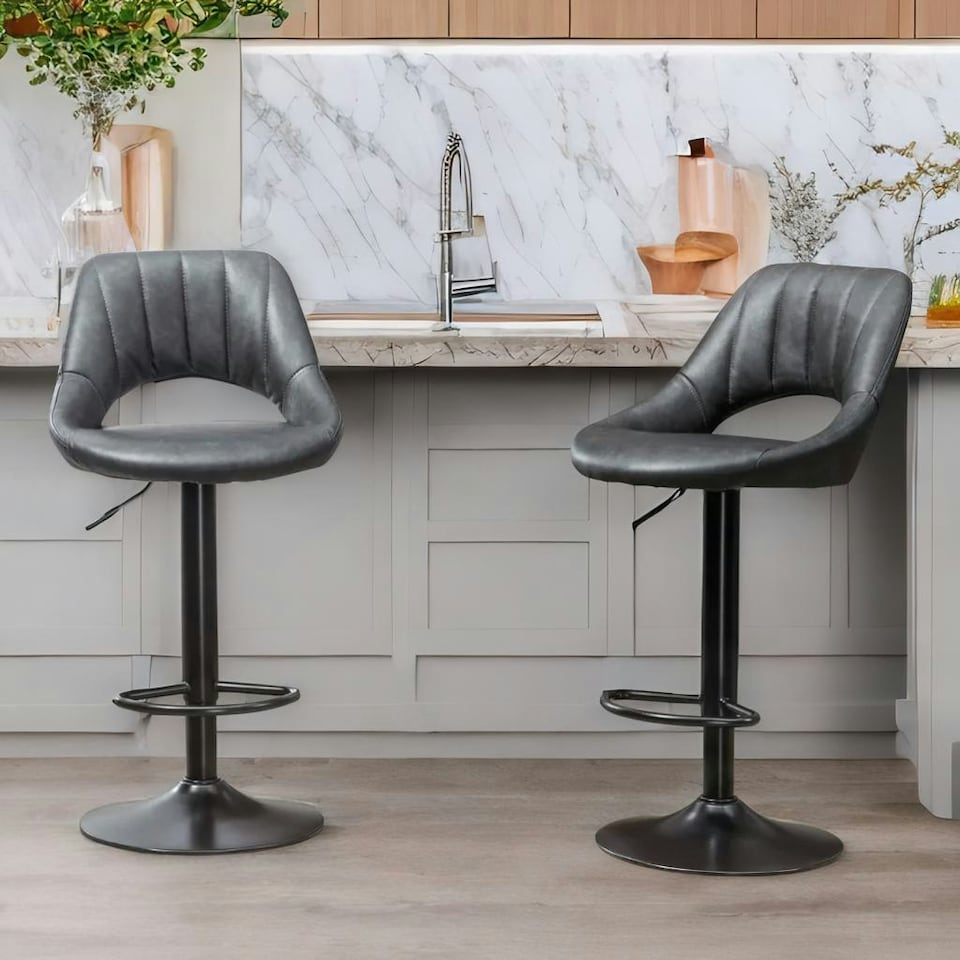 image 1 of 2PC Height Adjustable 360 PU Leather Swivel Barstools Set Black | Black