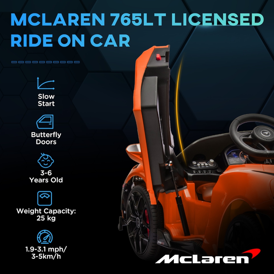 image 1 of AIYAPLAY McLaren 765LT Licensed Electric Car for Kids with Butterfly Doors, 12V Kids' Electric Ride on with Remote Control, Transport Wheels, LED Lights, MP3 Music, Horn, for 3-6 Years, Orange