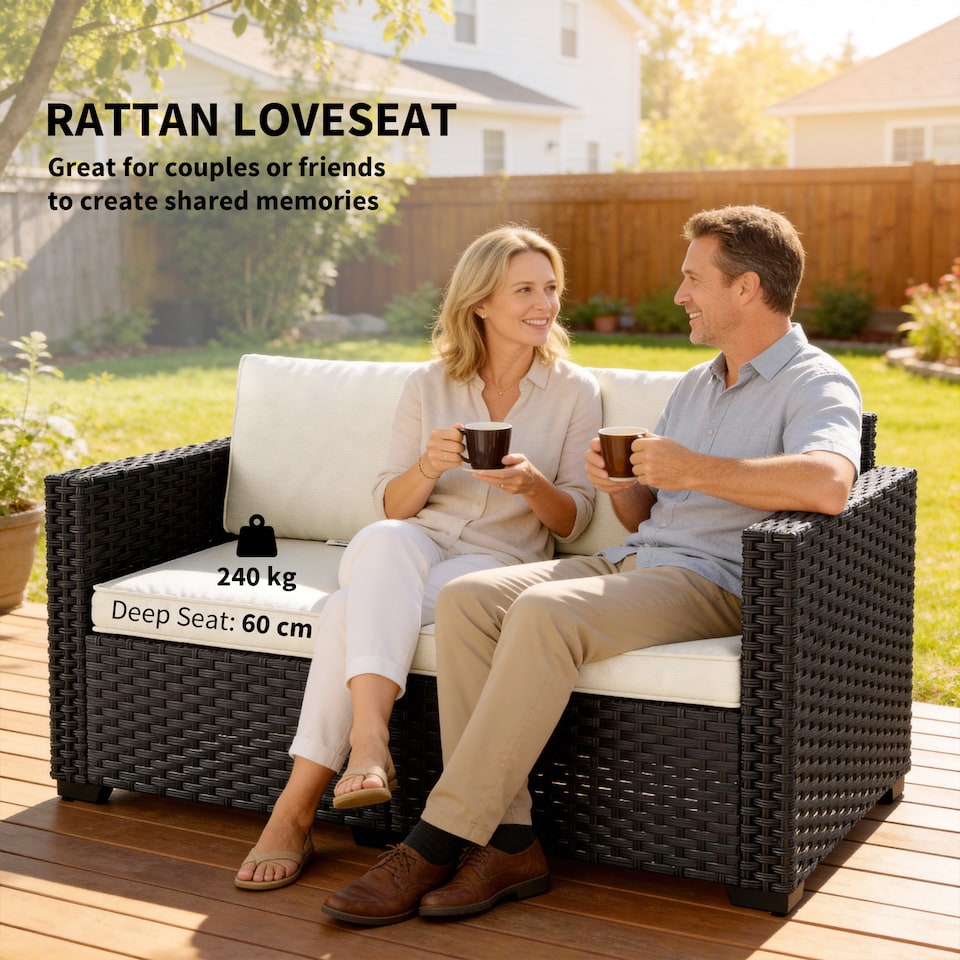 image 1 of Outsunny 2 Seater Rattan Garden Sofa with Deep Seat, Wide Arms, Black | Black | Black, Cream White | Two Seater
