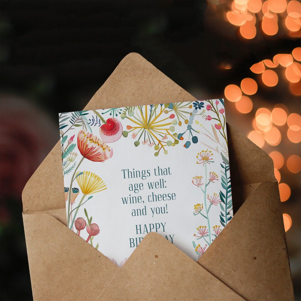 image 1 of Greeting Card You Age Well Like Wine Cheese Floral Flowers Birthday