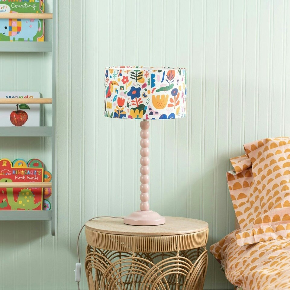 image 1 of ValueLights Bobbles Rose Pink Bobbin Table Lamp with Jungle Shade