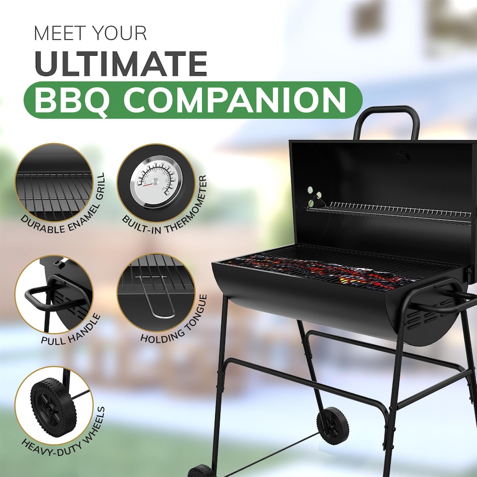 image 1 of House of Home BBQ Barrel Charcoal Grill with Lid Thermometer, Portable Trolley Smoker, Wheels