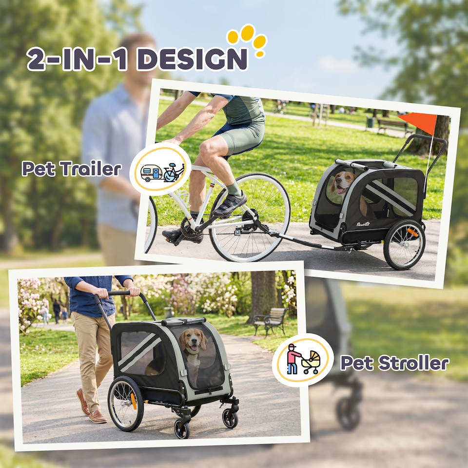 image 1 of PawHut 2-In-1 Dog Bike Trailer Stroller w/ Universal Wheel Reflector Flag
