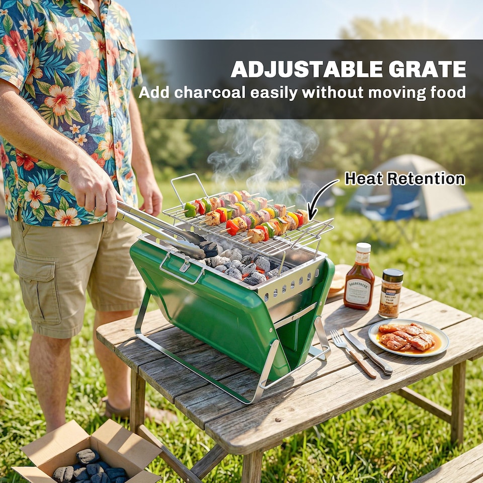 image 1 of Outsunny Charcoal BBQ Grill Portable with Tilting Grate | Green | Black | 40 x 28 x 25.5 cm
