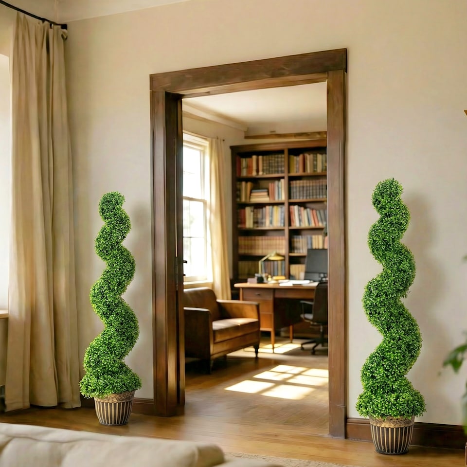 image 1 of HOMCOM Set of 2 Potted Artificial Plants, Topiary Spiral Boxwood Trees | Green | Boxwood Green | 5ft