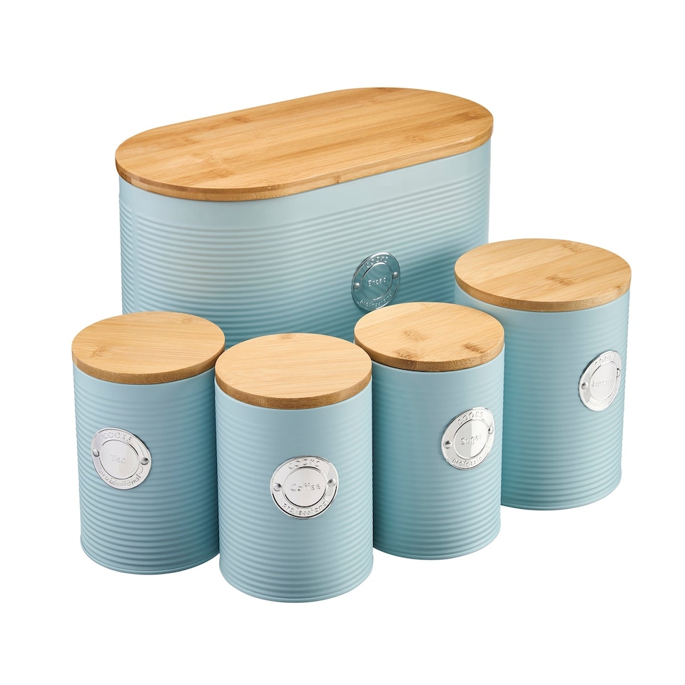 image 1 of Cooks Professional 5 Piece Ribbed Tea Coffee Sugar Bread & Biscuit Cannisters with Labels | Blue | Blue & Silver