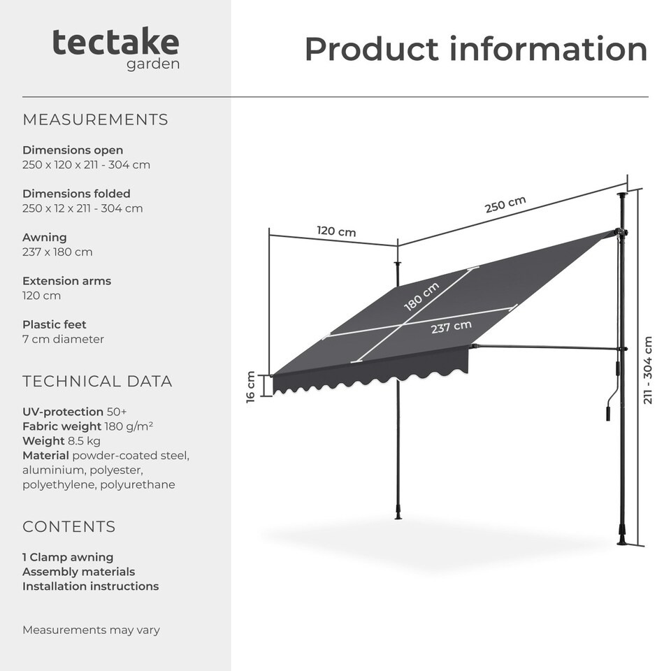 image 1 of Awning with hand crank - pressure fitted , height adjustable Black | Grey | 180 x 250 cm