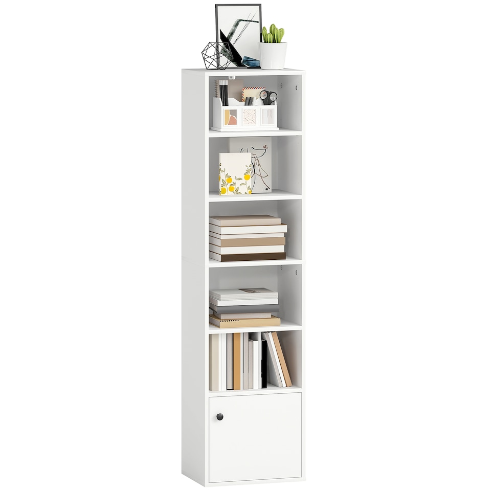 image 1 of HOMCOM Tall Bookcase, 6-Tier Narrow Bookshelf with 3 Adjustable Shelves and Cupboard, Modern Freestanding Shelving Unit for Living Room, Home Office, White