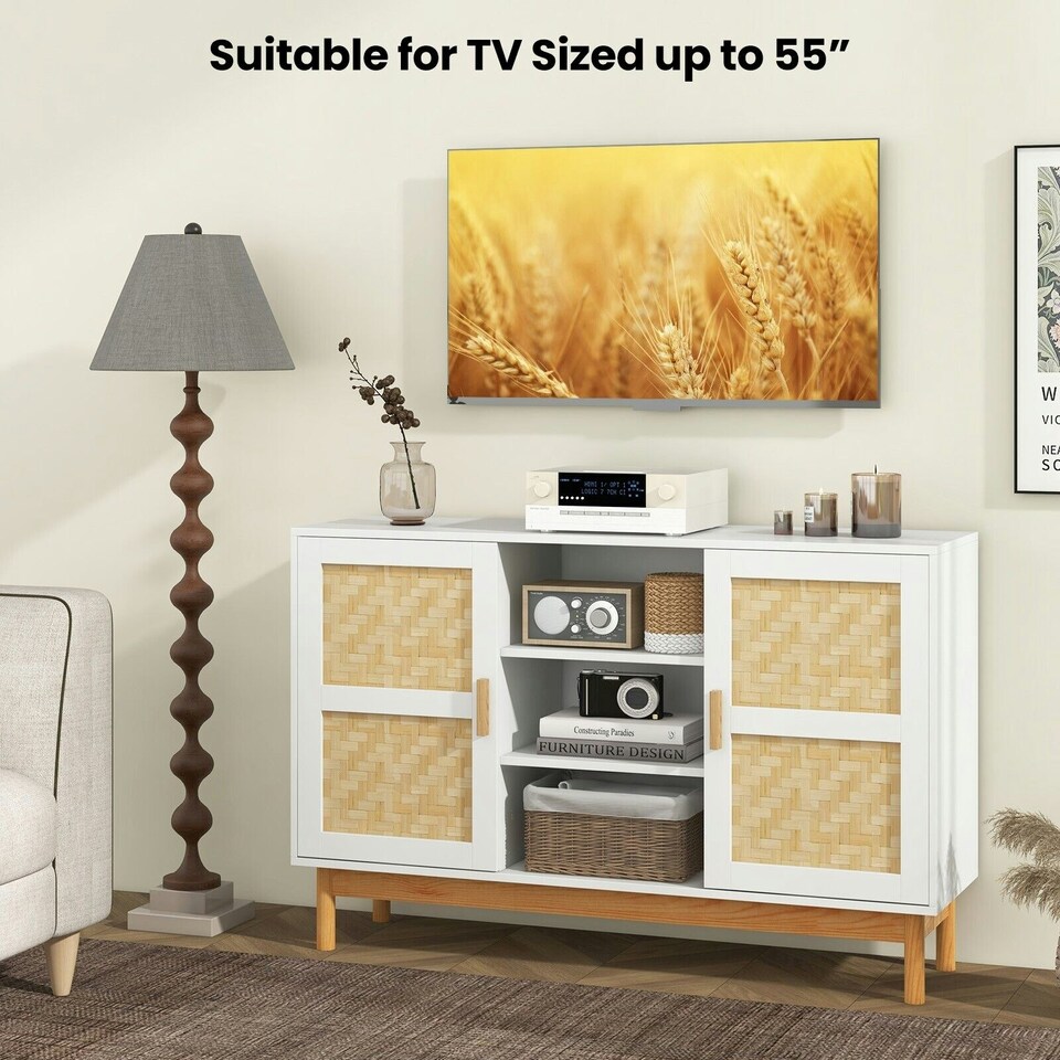image 1 of COSTWAY 120CM Sideboard Buffet Cabinet w/3 Open Shelves White