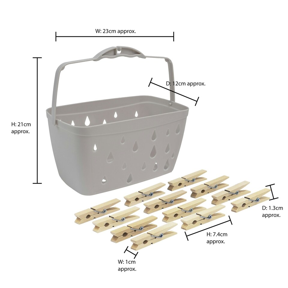 image 1 of JVL Plastic Peg Basket, Grey with 102 Birch Wood Pegs, Brown