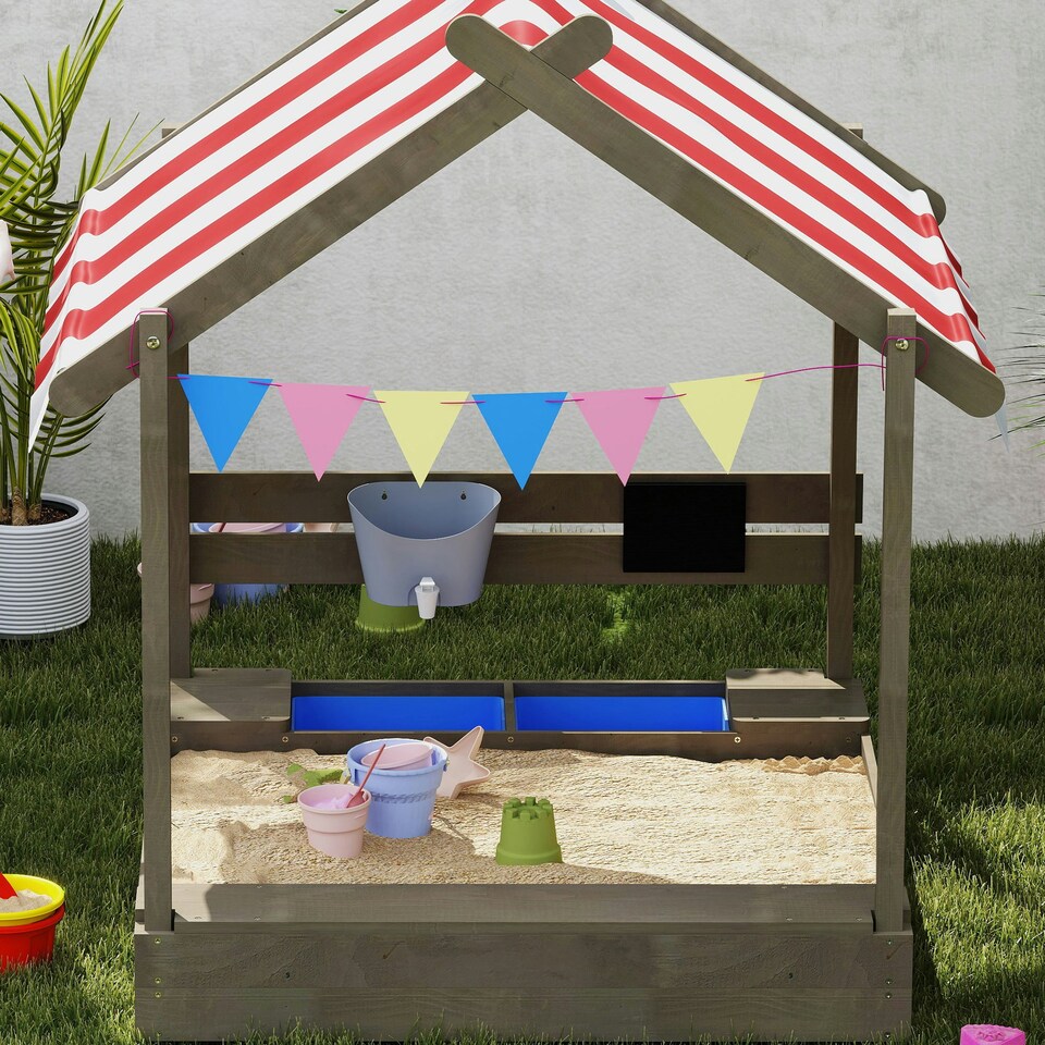 image 1 of Outsunny Sand Pit with Canopy, Blackboard, Toys, Sink, Seats, Flags for Kids