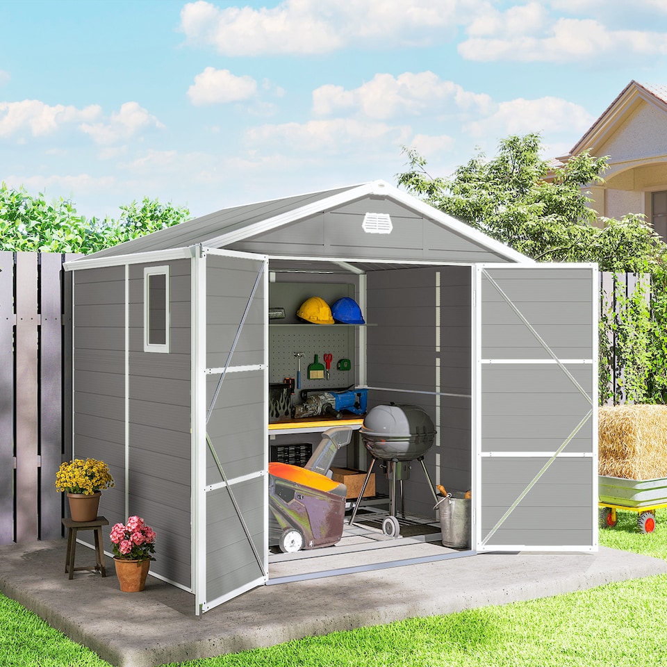 image 1 of Outsunny 8 x 6ft Plastic Garden Storage Shed with Foundation Kit, Polypropylene Outdoor Storage Tool House with Ventilation Slots and Lockable Door, Light Grey | Grey | 1