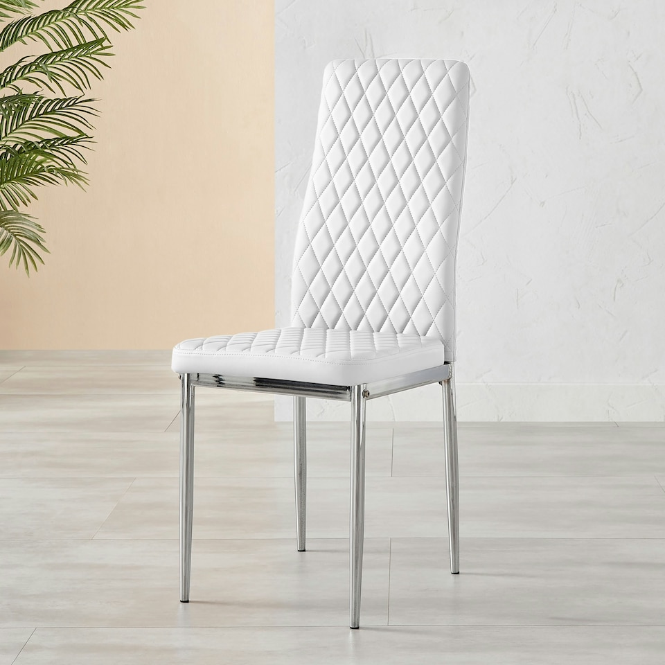 image 1 of Furniturebox 4x Milan White Chrome Hatched Faux Leather Dining Chairs