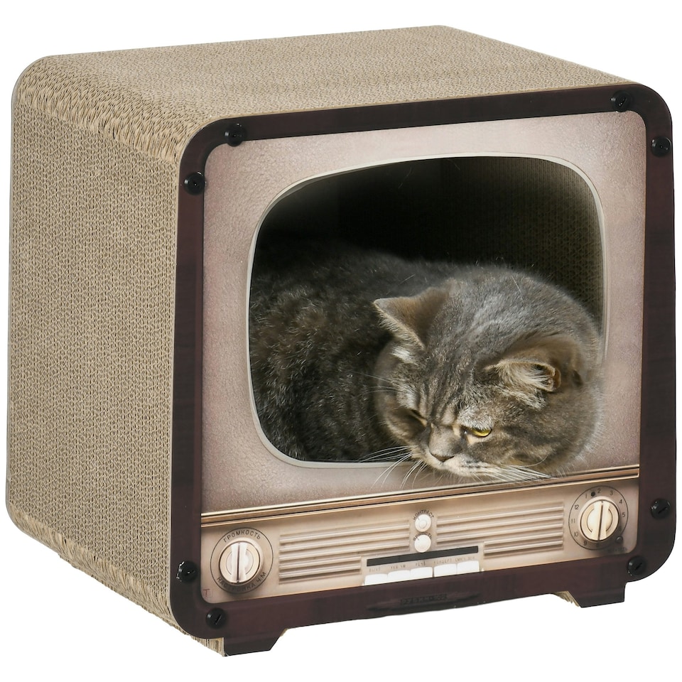 image 1 of PawHut 2 in 1 Cat House TV Shape Corrugated Cardboard with Catnip, Brown