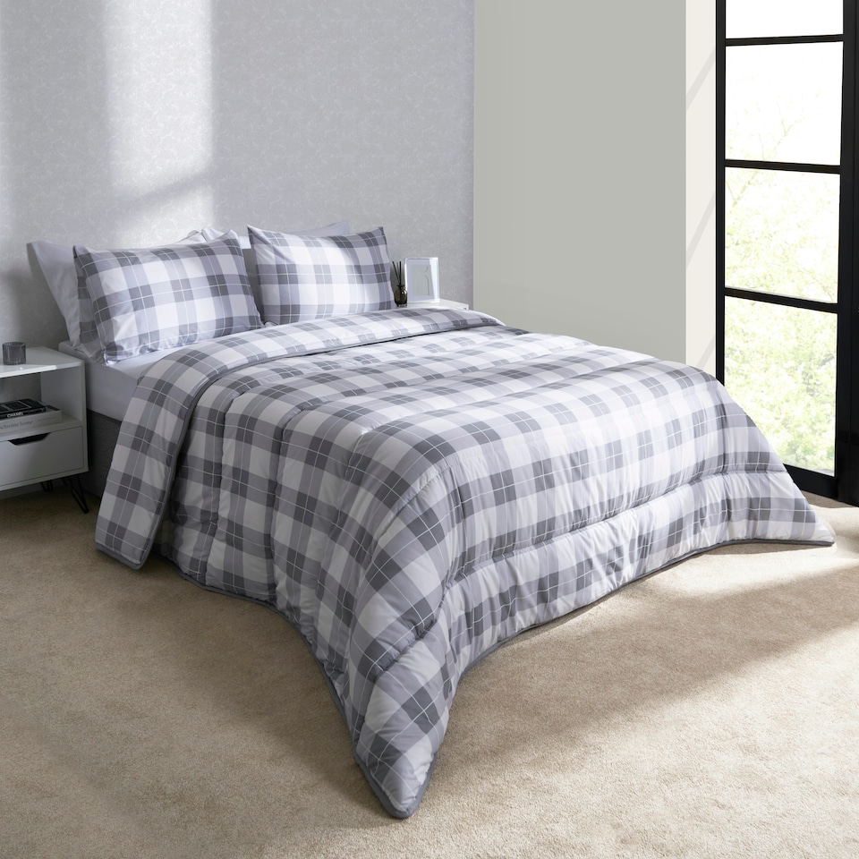 image 1 of OHS Reversible Coverless 10.5 Tog Soft Plush All Year Round Duvet Cover and Pillowcase Bedding Set Grey | Grey Gingham | Single