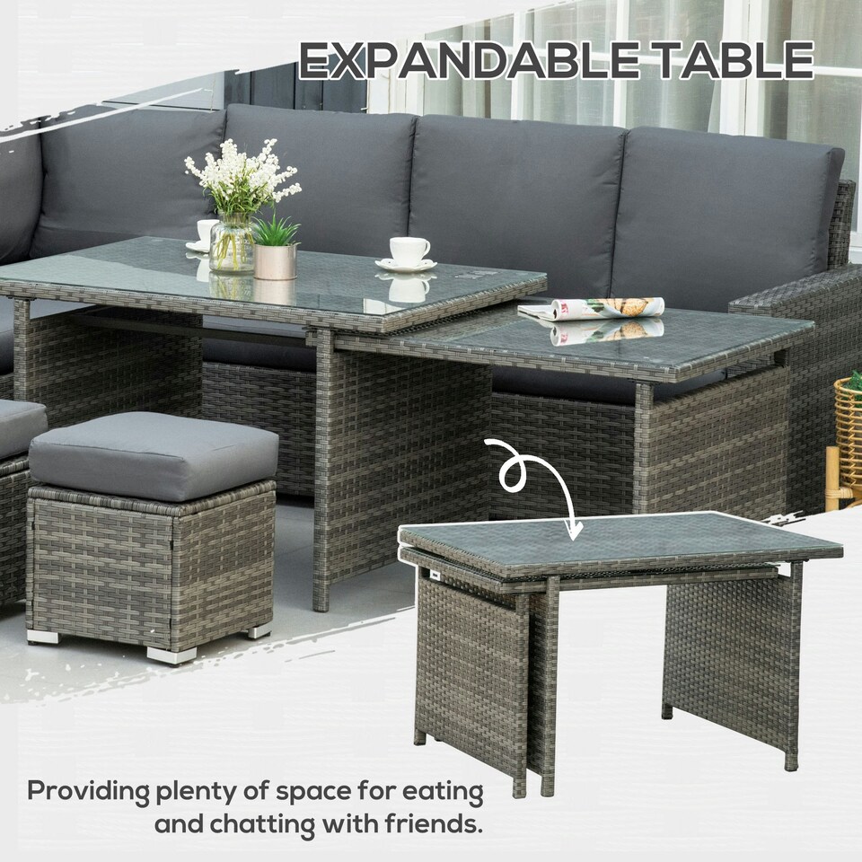 image 1 of Outsunny 10-Seater Sofa Sectional w/ Cushioned Seat, Footstools and Glass Table