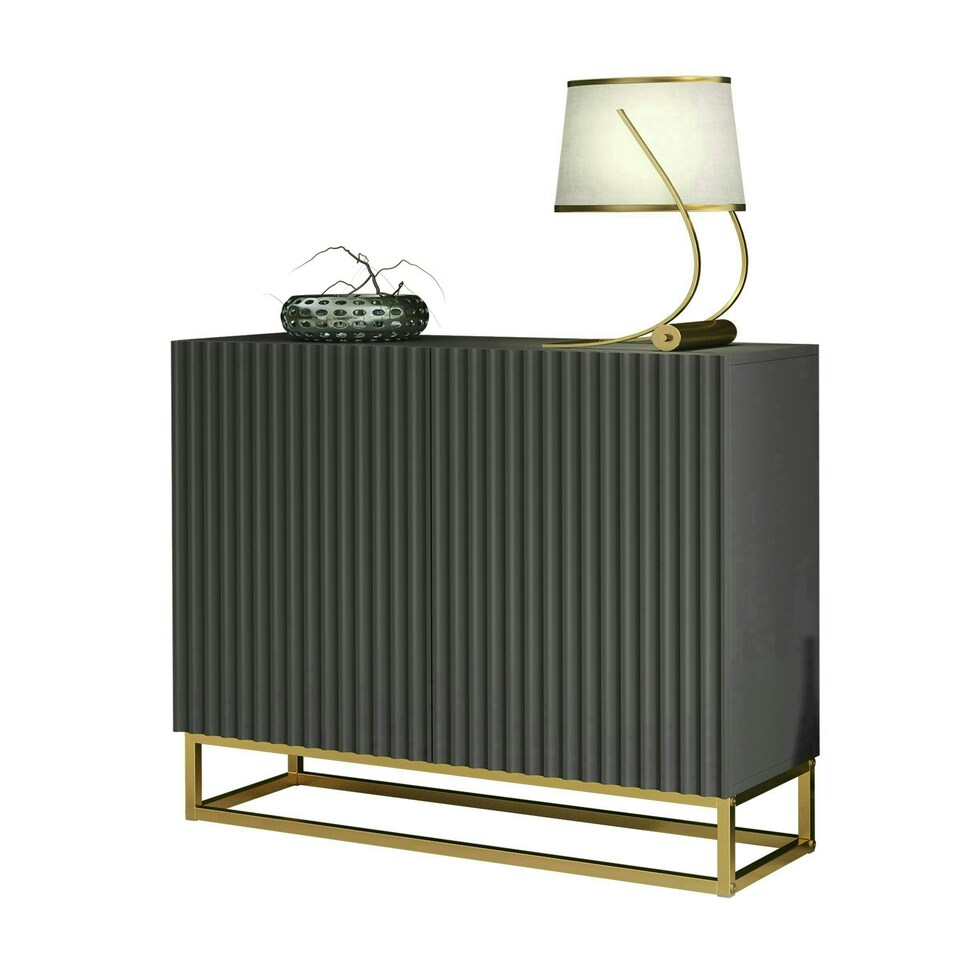 image 1 of Grey Sideboard 100cm Fluted Doors Gold Frame Modern Storage Cabinet Grey