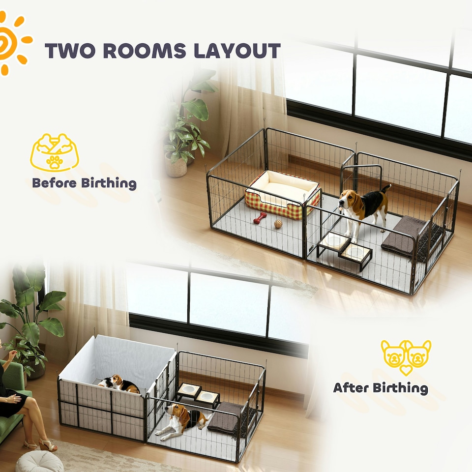 image 1 of PawHut 7 Panel Whelping Box for Dogs, Dog Playpen with Whelping Pads 