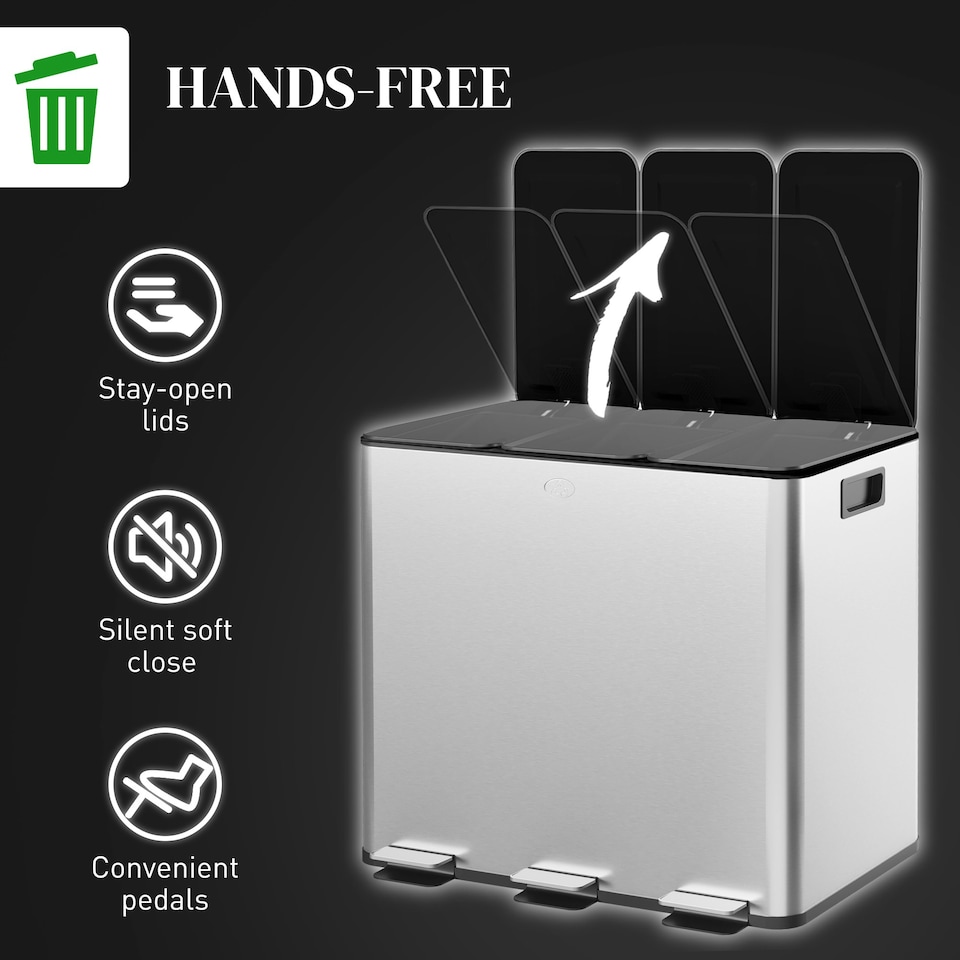 image 1 of HOMCOM 3 x 15L Triple Kitchen Bin Pedal Bin for Recycling and Waste Silver | 45L