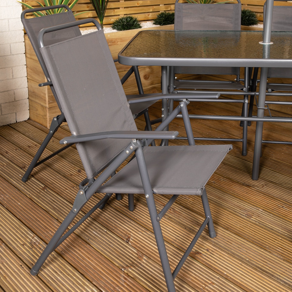 image 1 of Samuel Alexander Outdoor 6 Seater Glass Top Table and Chairs Patio Set with Parasol in Grey