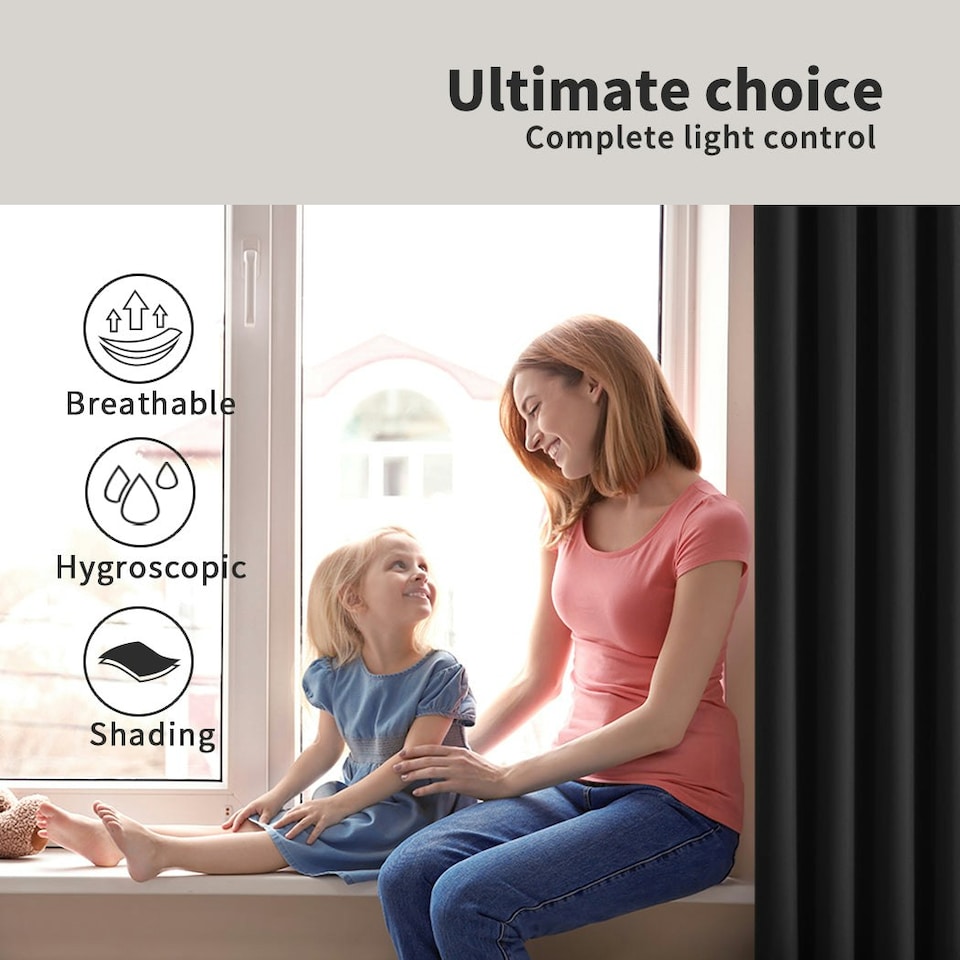 image 1 of Marlow 2x Blockout Curtains Panels 3 Layers Eyelet Room Darkening 117x183cm Black | Black