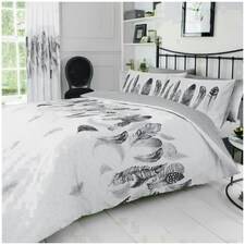 VELVETIO Feathers Geometric Printed Duvet Cover Set Reversible Polycotton Beddings White | Super King