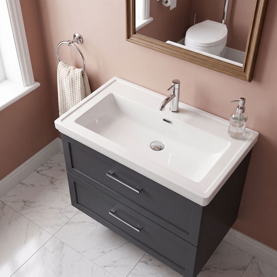 image 1 of Balterley Stonnall Traditional Wall Hung 2 Drawers Vanity Unit with Traditional 1 Tap Hole Fireclay Basin, 800mm, Dark Grey