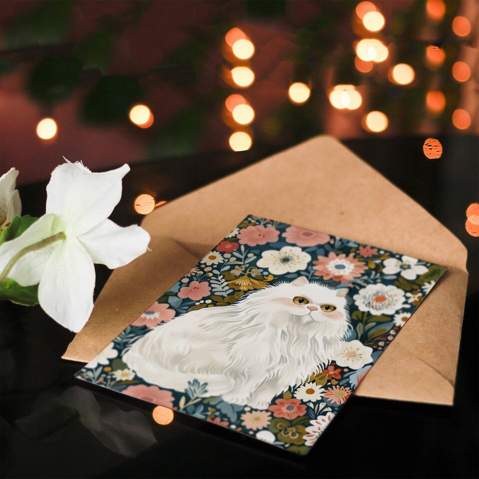 image 1 of Greeting Card Elegant Persian Cat Lover Flower Garden Portrait
