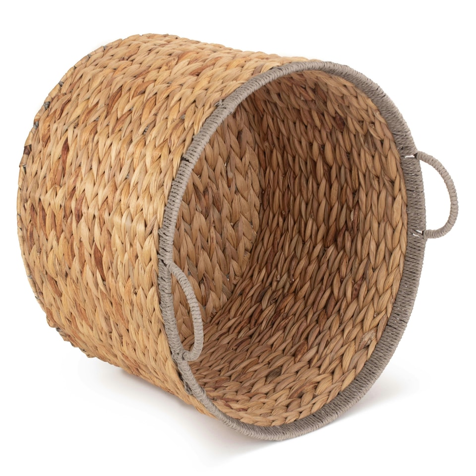 image 1 of Round Water Hyacinth Basket with Grey Rope Border Brown | Brown | L