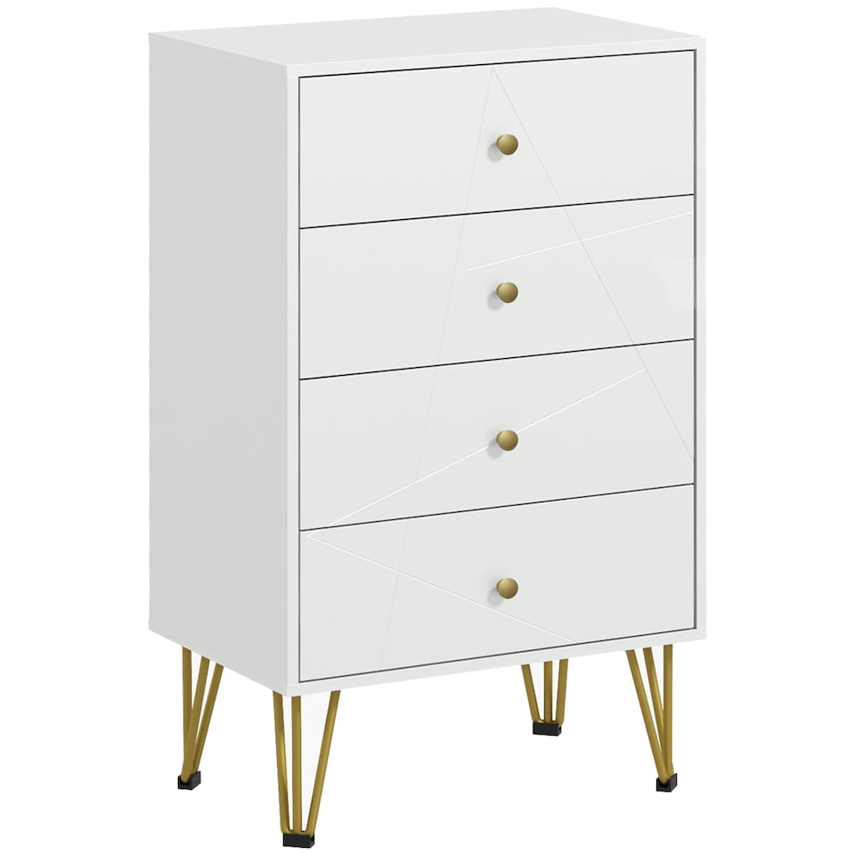 image 1 of HOMCOM Bedroom Chest of Drawers, Tallboy 4-Drawer Dresser, Modern Storage Drawer Unit with Hairpin Legs, White