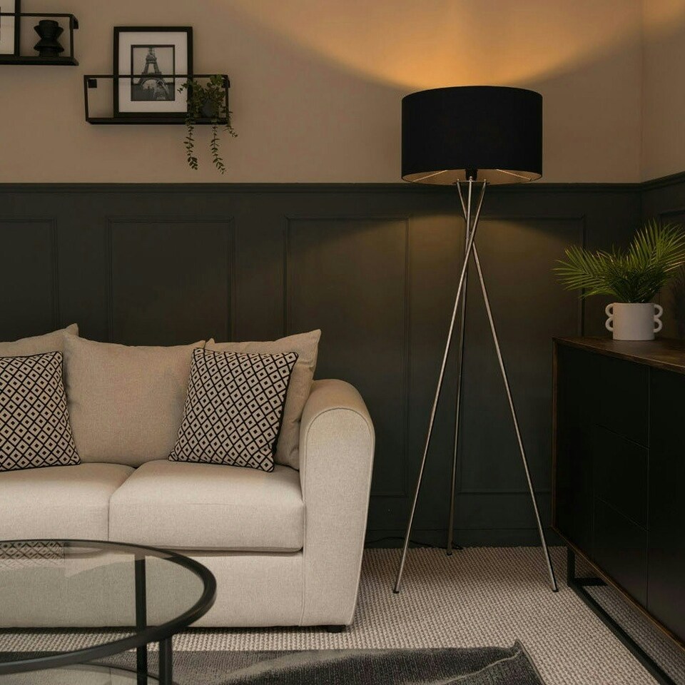 image 1 of ValueLights Camden Chrome Tripod Floor Lamp Navy Shade & Bulb Blue
