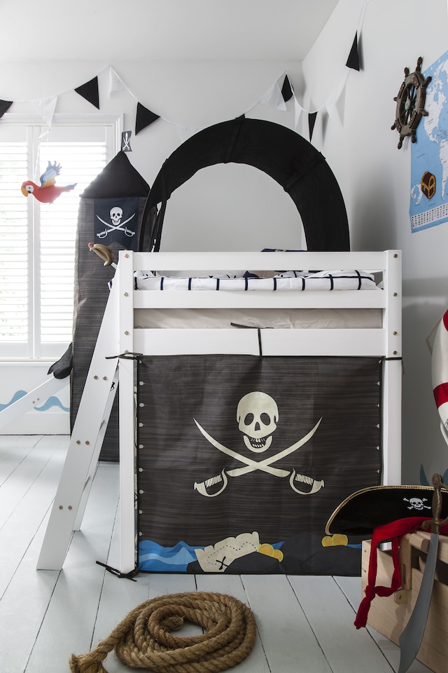 image 1 of Moro Kids Cabin Bed Midsleeper with Slide & Pirate Hideaway Tent, Tower & Tunnel in White