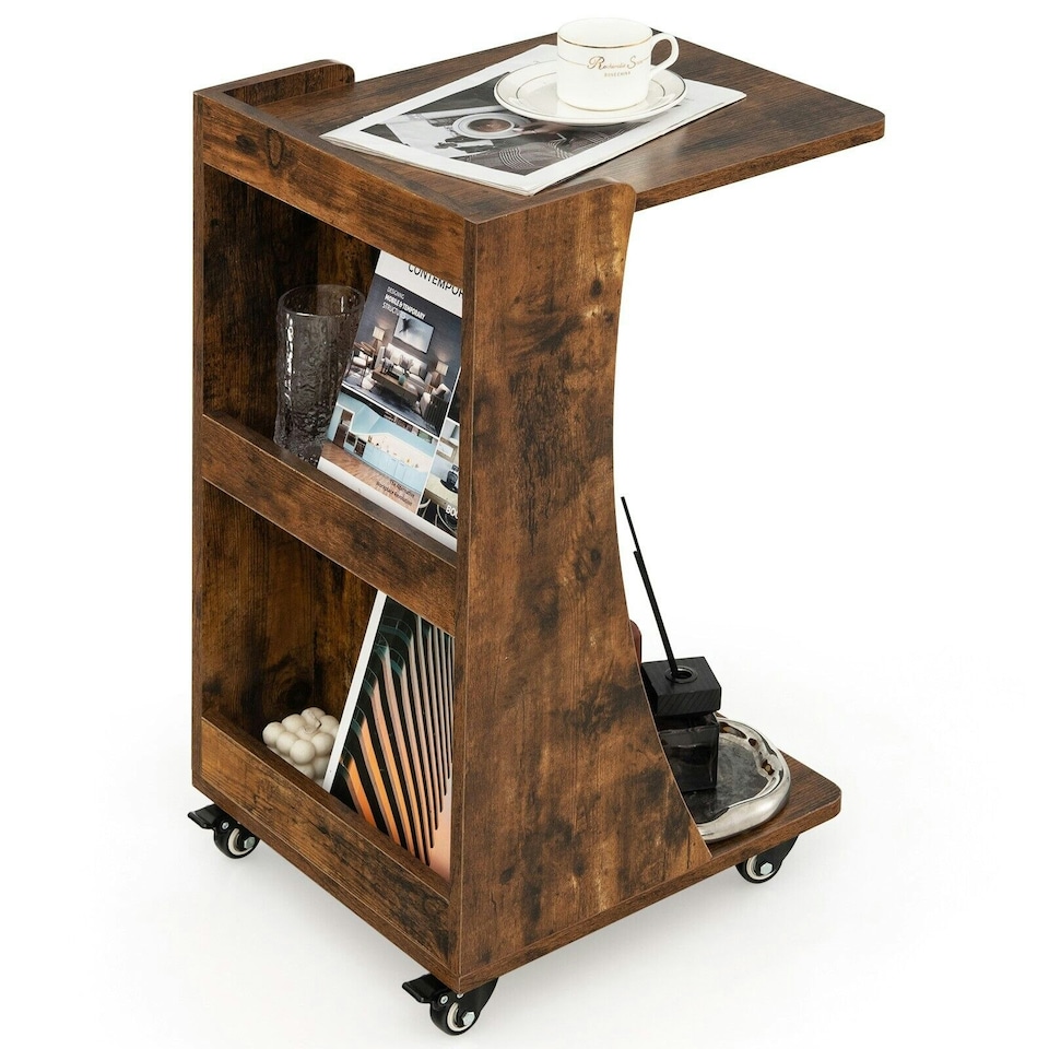 image 1 of COSTWAY C-Shaped End Table Mobile Sofa Side Table Brown