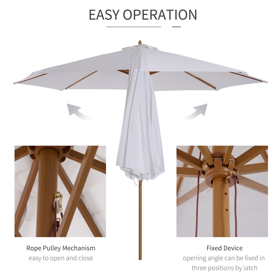 image 1 of Outsunny 3m Garden Parasol, Pulley Operated Patio Umbrella, Wooden Parasol, Table Market Umbrella with Rope Pulley Mechanism and 8 Ribs, White