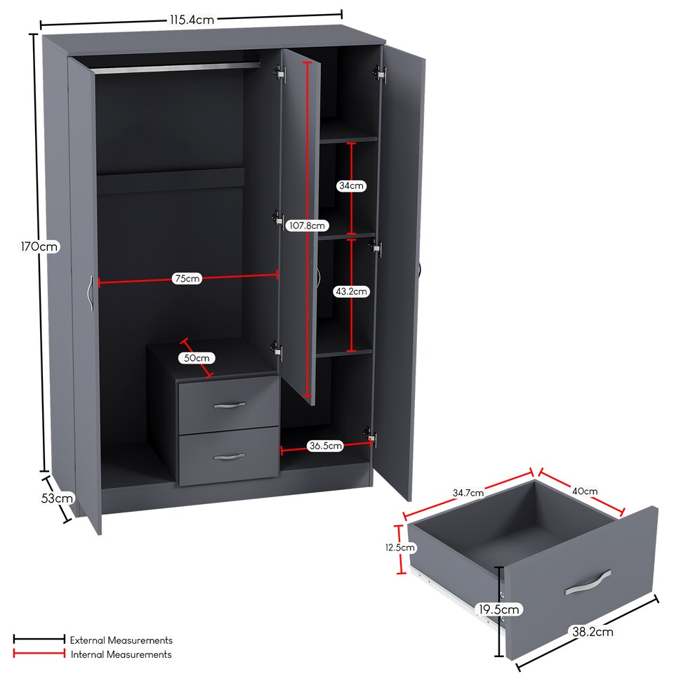 image 1 of Vida Designs Riano 3 Piece Bedroom Set (1 Drawer Bedside Chest, 4 Drawer Chest, 3 Door 2 Drawer Mirrored Wardrobe), Grey (5)