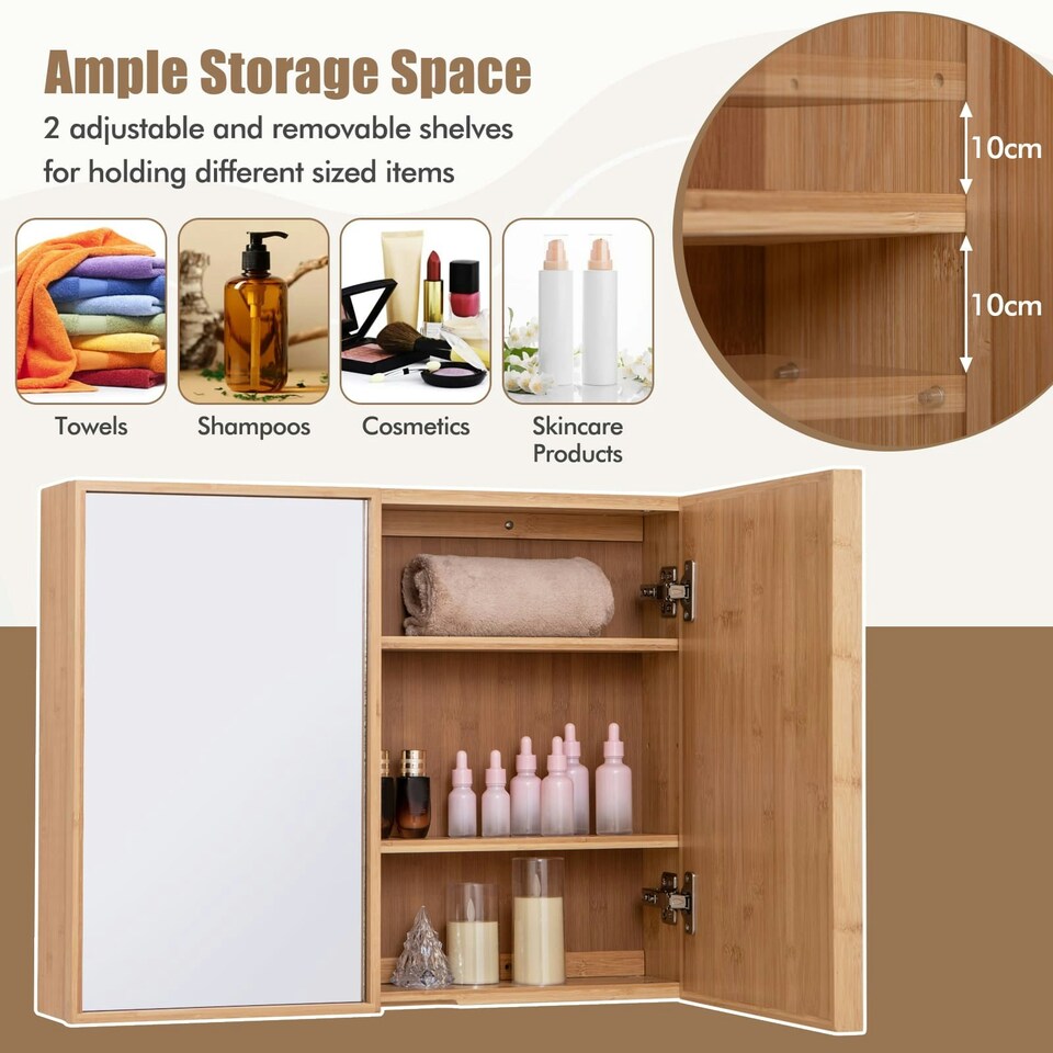 image 1 of COSTWAY Bathroom Wall Cabinet Double Door Medicine Storage Brown