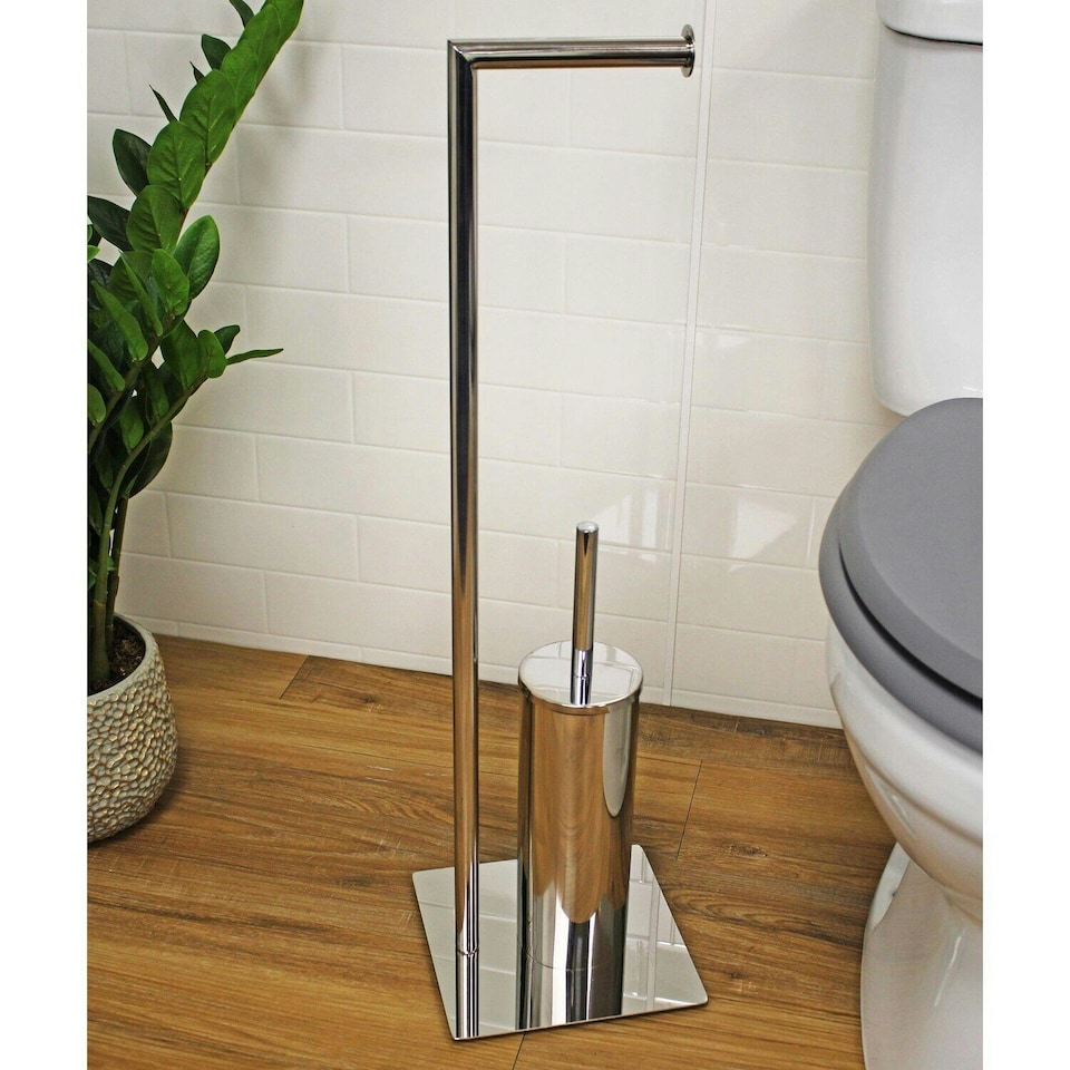 image 1 of Showerdrape Stamford Stainless Steel Chrome Toilet Roll Holder & Toilet Brush Combination