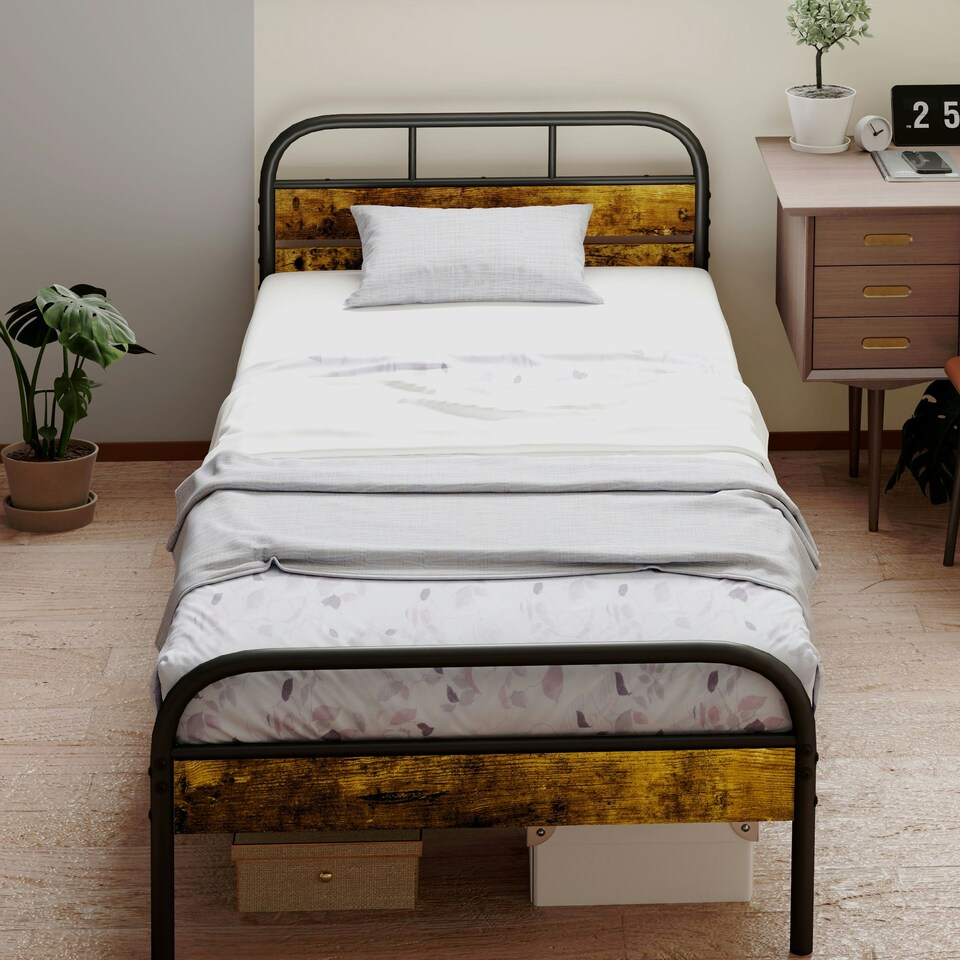 image 1 of HOMCOM Single Bed Frame with Headboard, No Box Spring Needed, Rustic Brown