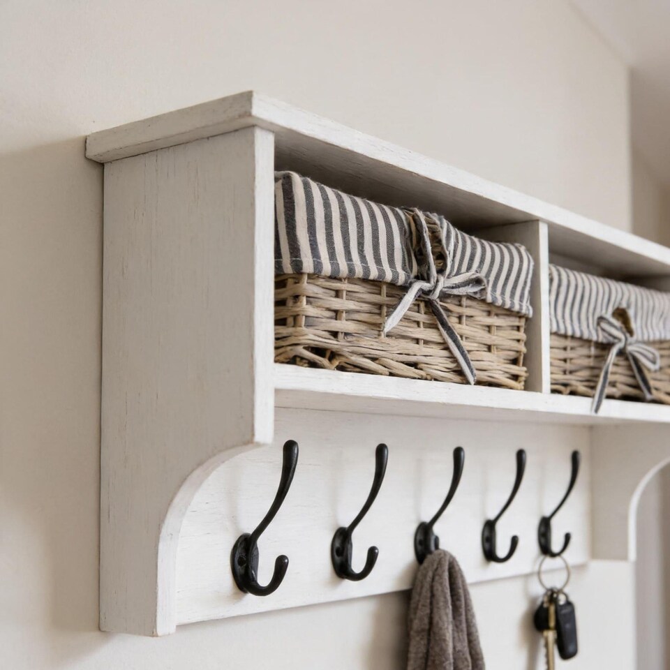 image 1 of Radcliffe Wall Mounted Coat Rack Wicker Baskets and Top Storage Shelf