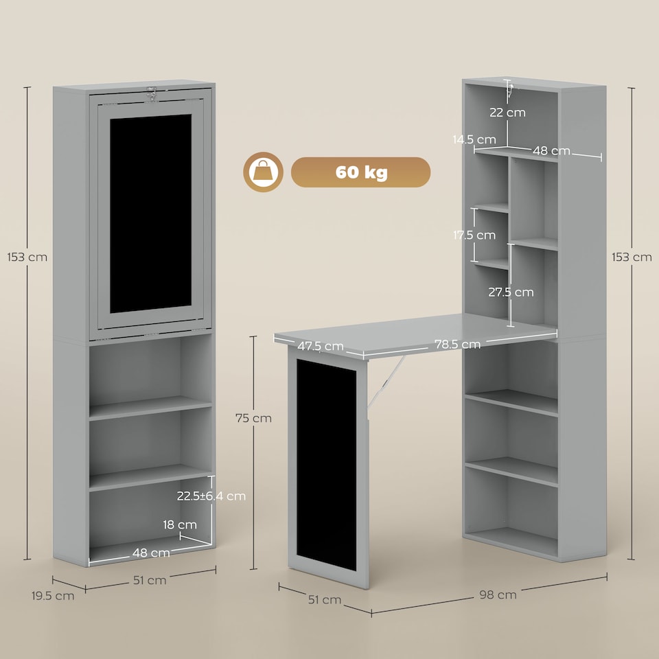 image 1 of HOMCOM Wall Mounted Computer Desk, Folding Study Table with Black Board and Bookshelf, Multifunctional Floating Writing Desk for Home Office, Grey