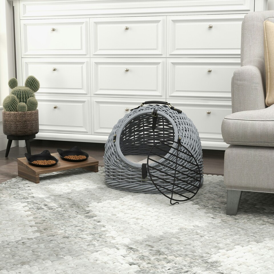 image 1 of Wicker Cat Basket W/ Mat Handle Kitten Pussy Enclosed Bed Portable - Grey