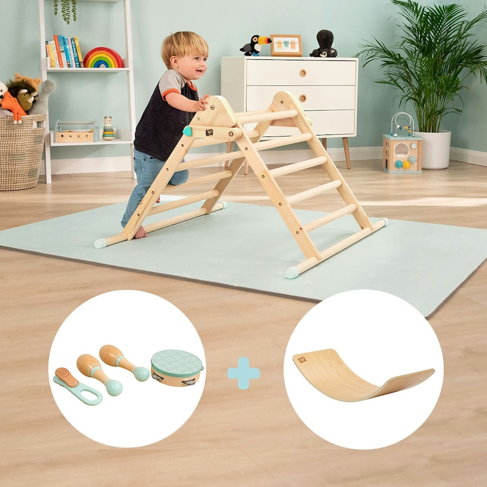 image 1 of The Adventurer Play Pack: TP Active-Tots Pikler Style Wooden Climbing Triangle with Active-Tots Balance Board and Owl & Fox Musical Instrument Assortment